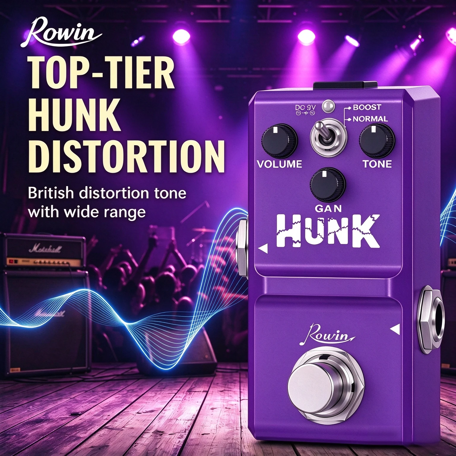 Rowin Analog Classic, een pedaal in Britse stijl met een krachtig distorsie-effect en een opvallende, rauwe klank, de Heavy DIST Super Tiny, met een True Bypass-uitgang, model LN-301B.