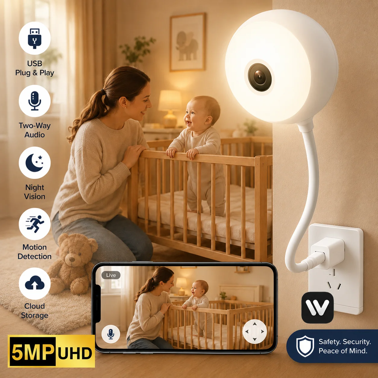 5MP USB Plug & Play Innen-Babyüberwachungskamera mit Zwei-Wege-Audio, IR-Nachtsicht, Bewegungsverfolgung, Cloud-Speicher und Haustierüberwachung