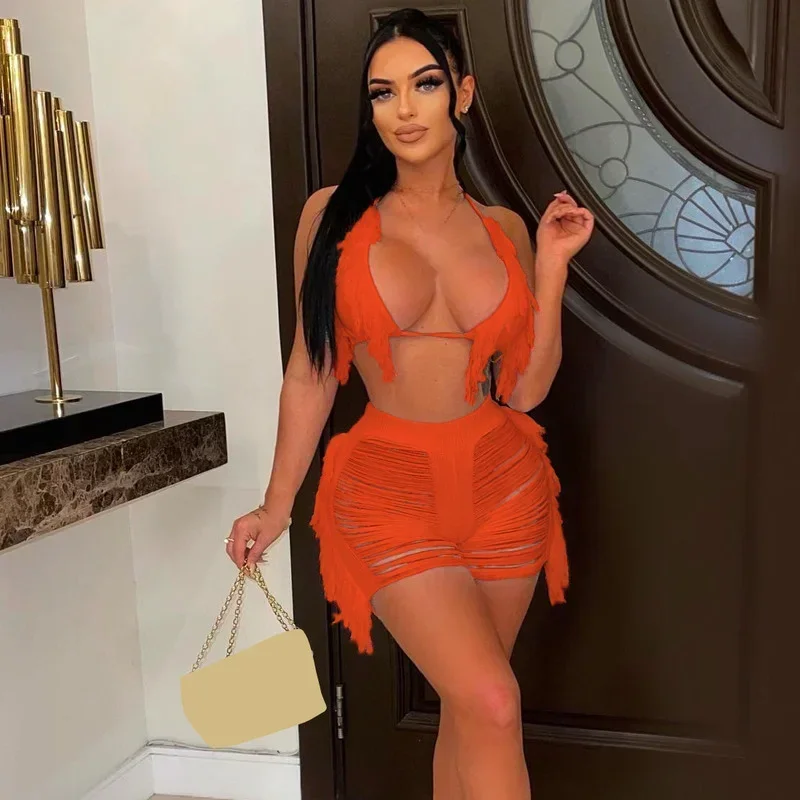 

GUWU вязаные шорты в рубчик с кисточками и рваными отверстиями, комплект для женщин, сексуальный бюстгальтер с лямкой на шее, одинаковый комплект из двух предметов, пляжный купальник