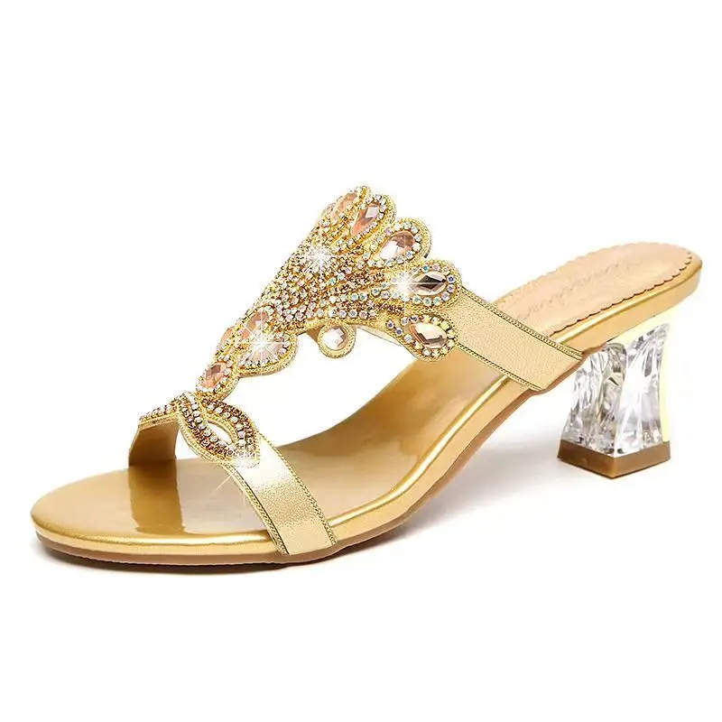 Women High Heel One Word Rhinestone Slippers Summer New Block Heel High Quality Fashionable Outdoor Crystal Slippers Sandals