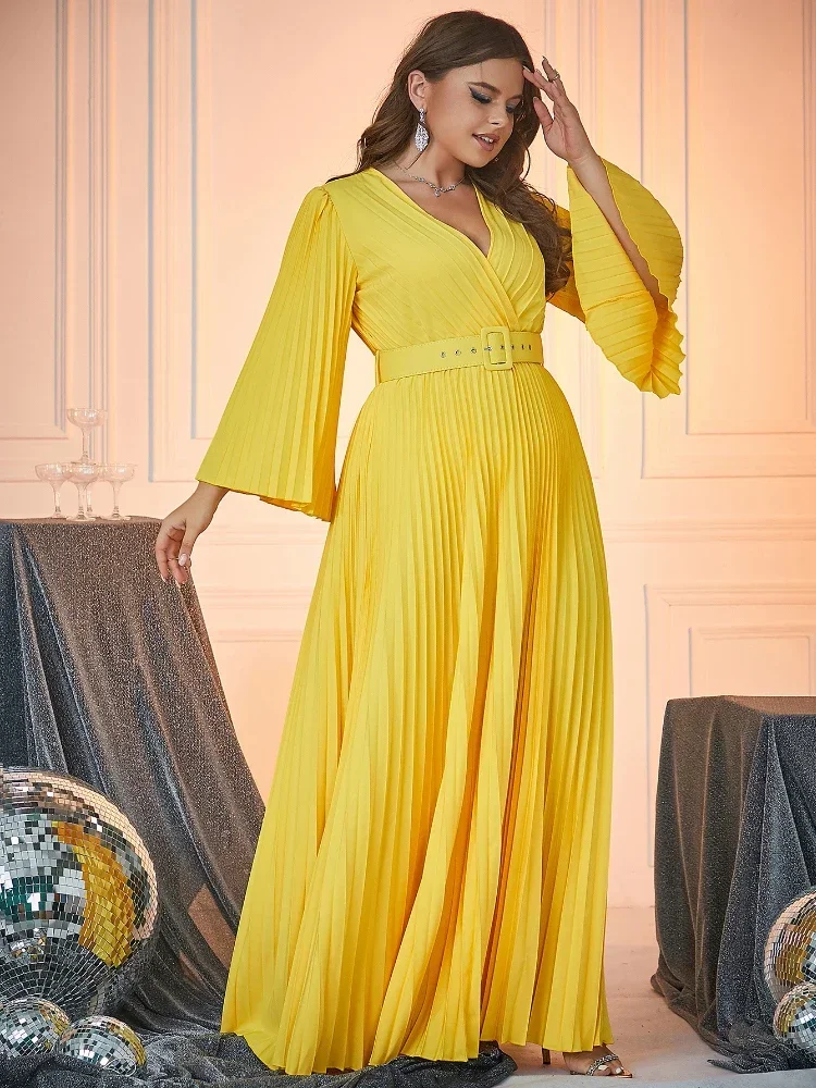 Casual Long Dress for Women Yellow V Neck Flare Sleeves Pleated A Line Office Work Evening Party Plus Size Draped Gowns 3XL 4XL