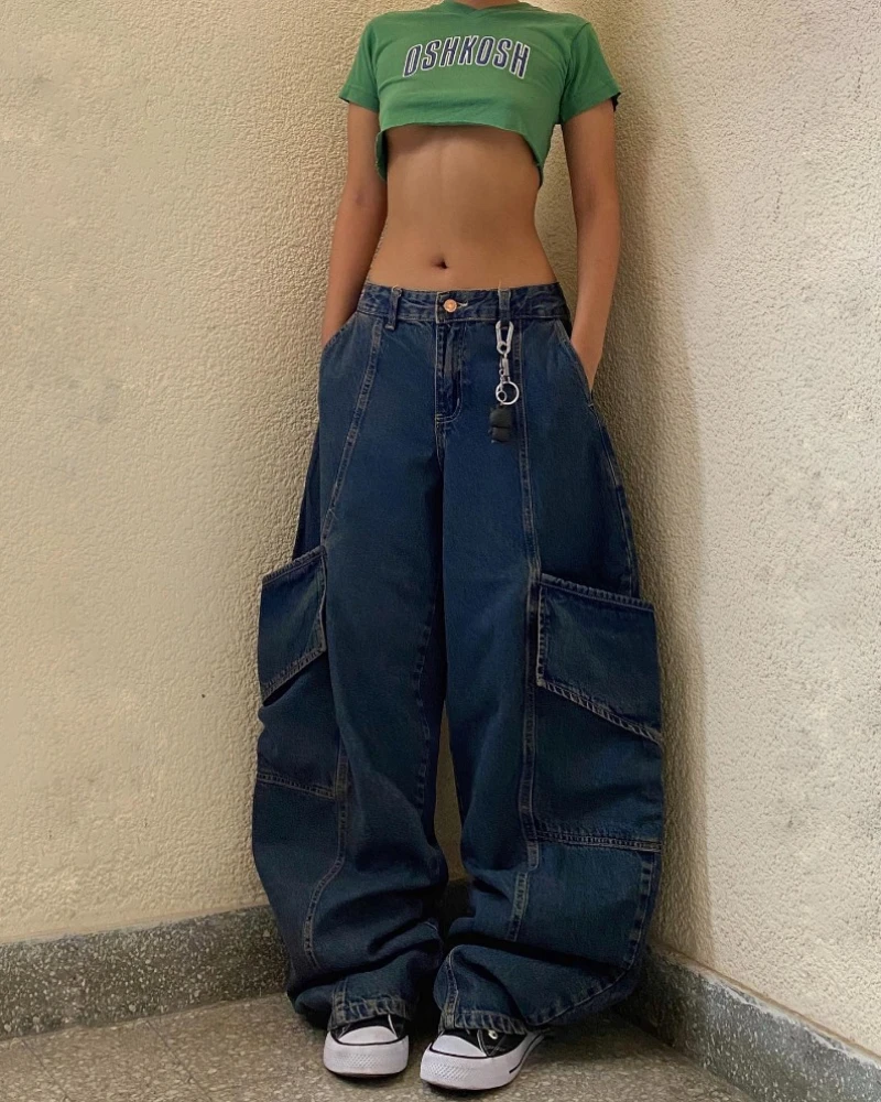 Streetwear New Fashion Oversized Pocket Baggy Jeans Women Y2K Street Vintage Gothic High Waist Casual Wide-leg Pants Trousers