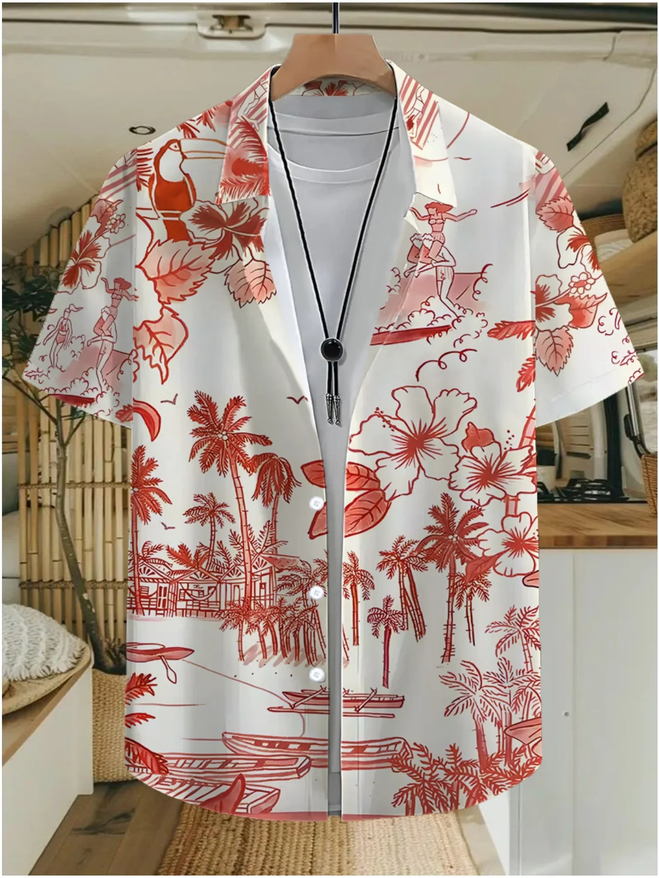 Men's Shirt Tropical Seaside Line Print White Base Short Sleeve Turn Down Collar Summer Beach Vacation Casual Mens Clothing