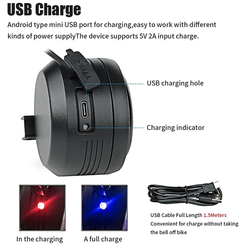 USB Rechargeable Bike Bell Alarm Horn Waterproof Anti-Theft Vibration Siren with Remote for Bikes