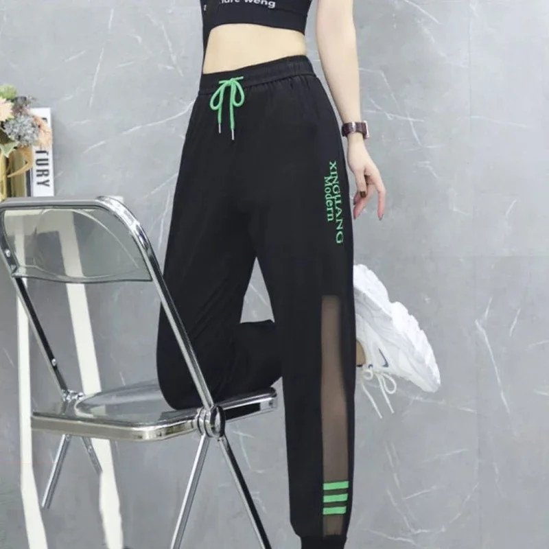 2024 Summer New Striped Letter Print Mesh Patchwork Pants High Waist Casual Quick-drying Trousers Sports Jogger Sweatpants Women