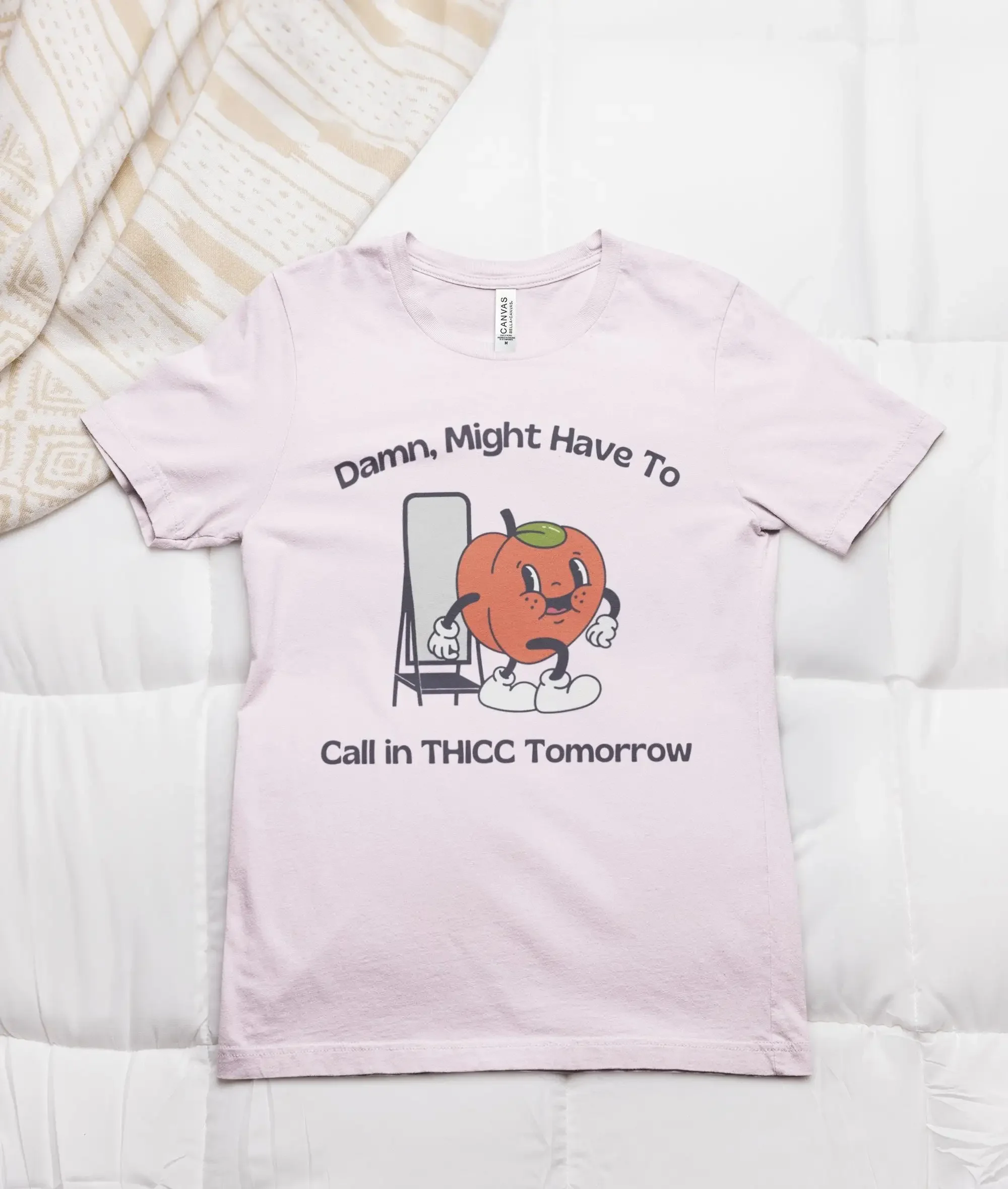 Bella Canvas Retro Meme Gym T Shirt Damn Might Have to Call in Thicc Today Funny Workout Top Busty Curvy Ladies Peach Vintage
