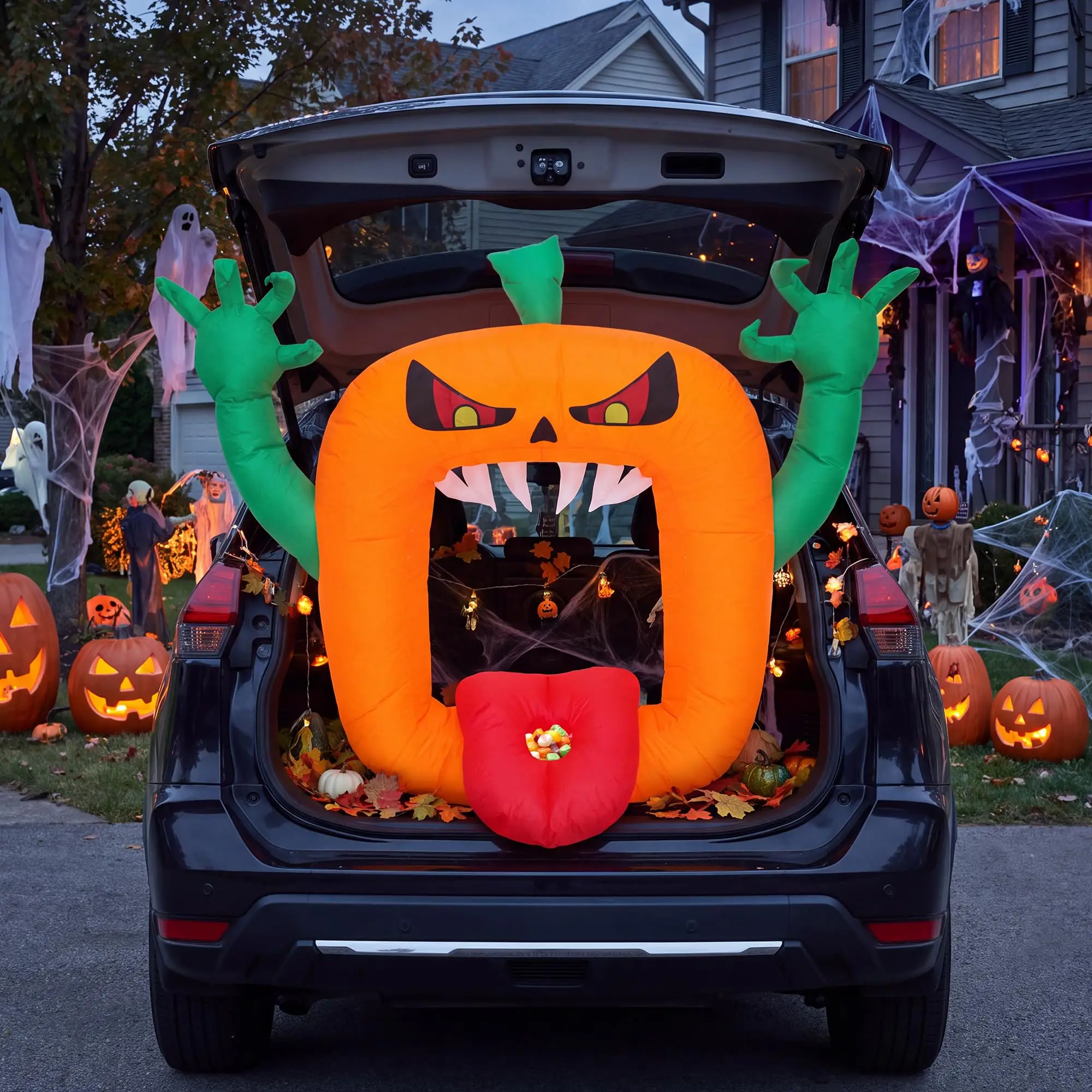 6Ft Halloween Inflatable Pumpkin With Led Lights For Outdoor Yard Car Trunk Or Treat Decor 180Cm Wide 210T Polyester 08A Fan