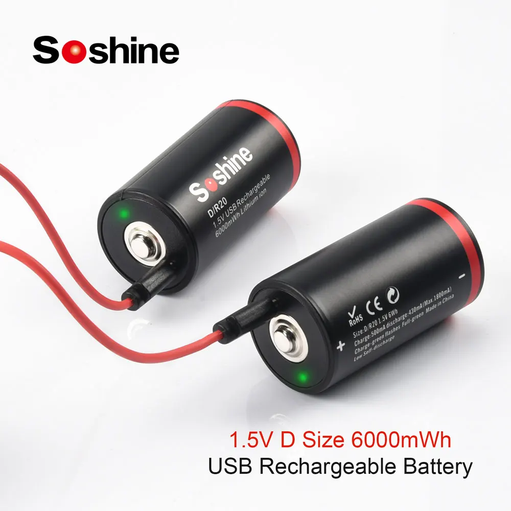 Soshine 1.5V 6000mWh Lithium Battery USB Rechargeable Batteries D Size Li-ion Battery 1200 Times Cycle with 2-in-1 USB Cable