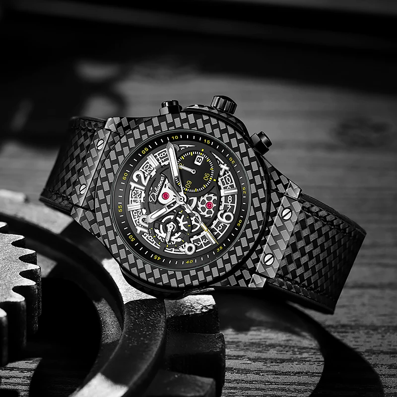 

Dulunwe Мужские часы Роскошные черные автоматические механические наручные часы со скелетом для мужчин Водонепроницаемые светящиеся деловые часы с большим циферблатом