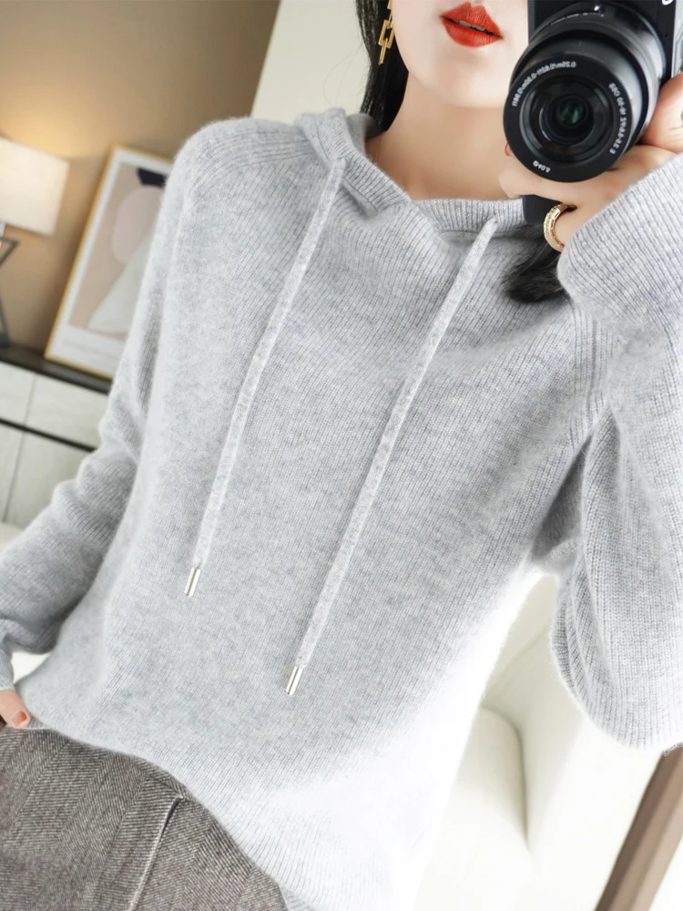 หมวกไหมพรมถักทรงโอเวอร์ไซส์สำหรับผู้หญิง ฤดูใบไม้ร่วง ฤดูหนาว เนื้อผ้านุ่ม สวมใส่สบาย อุ่นสบาย สไตล์ลำลอง แขนยาว มีฮู้ด