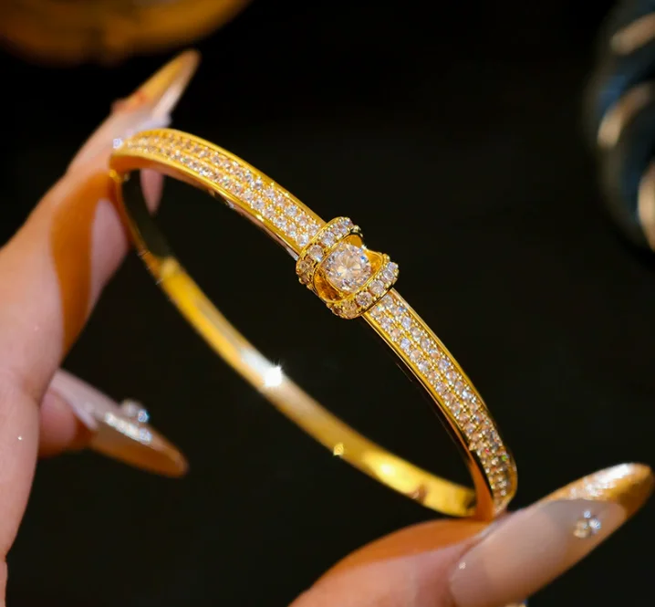 Luxury 100% Real 24K Gold Inlaid Irregular Personality Bangle, Clasp Bracelet for Women  Elegant Temperament Jewelry