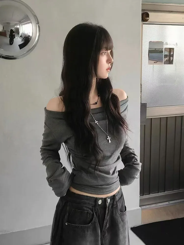 Sexy Slash Neck Long Sleeve T Shirt Women Autumn Korean Slim Crop Tops Y2K Streetwear Chic Off Shoulder Hot Girl Tight Tees