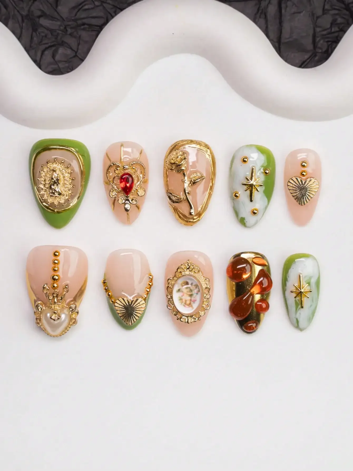 Handmade Almond-Shaped Y2K Press-On Nails With French Tips, Bare, Gold, Green Shades, Featuring Asymmetrical Liquid Metal Design