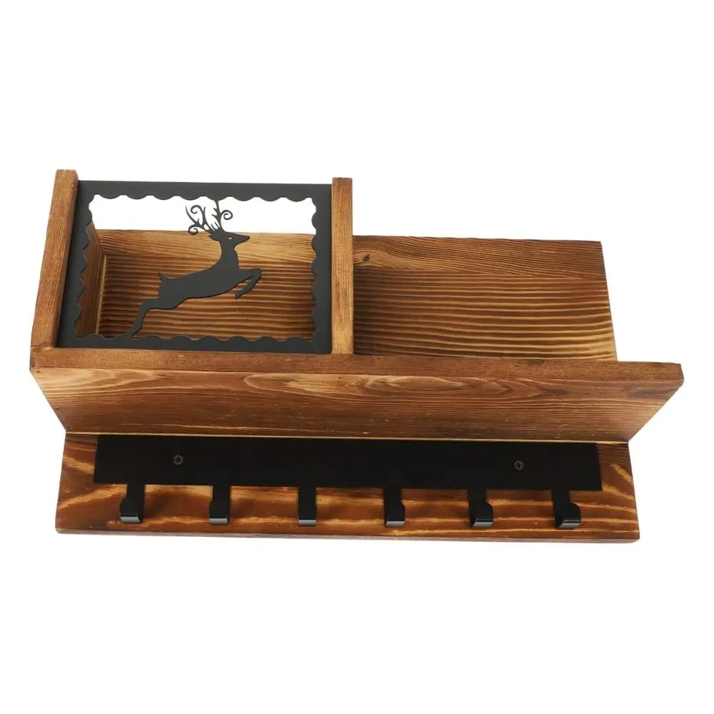 Wooden Storage Hook Rack Rustic Style Sundries Organizer Storage Shelf Cartoon Fawn Space Saving Wall Hanging Shelf Home