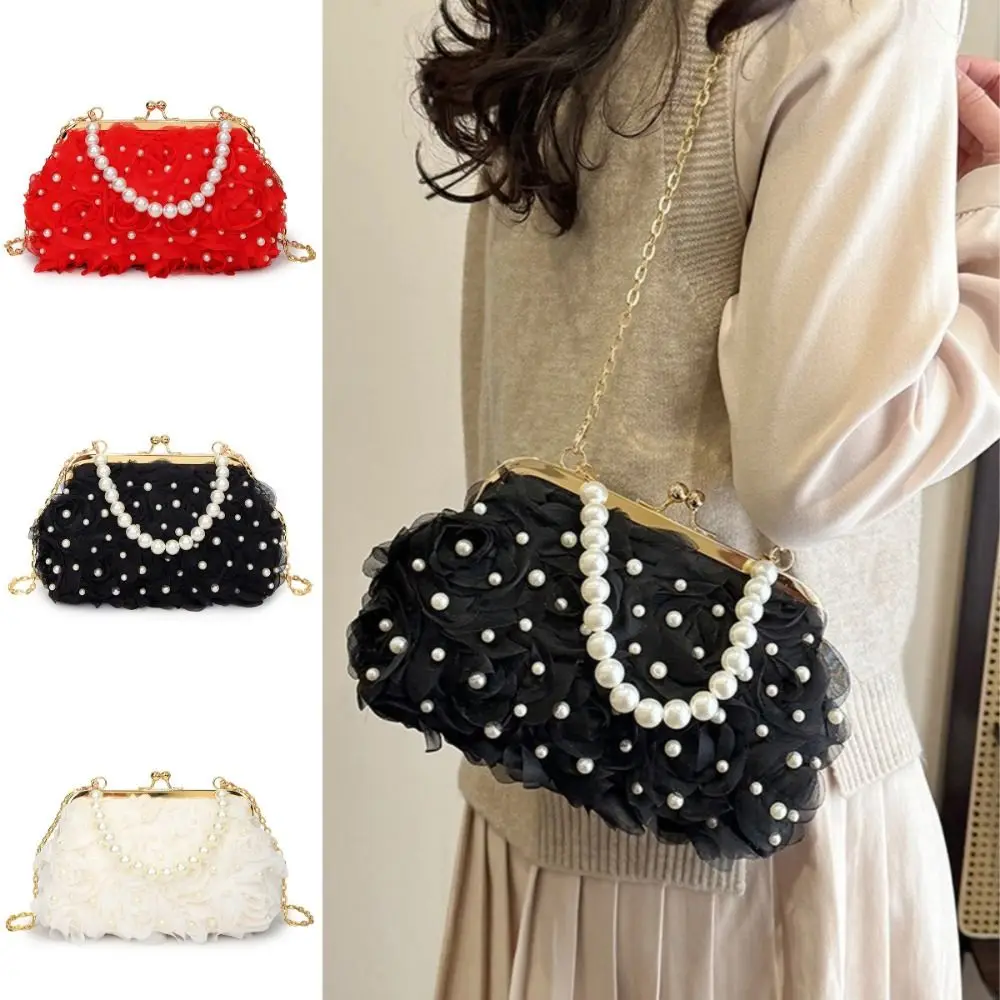 

Rose Flower Evening Banquet Bag Metal Chain Pearl Pearl Chain Handbag Elegant Small Clutches Handbag Crossbody Shoulder Bag