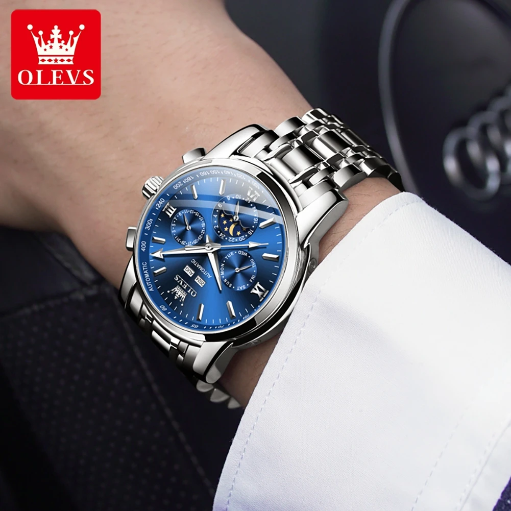 OLEVS 6633 Mechanical Wristwatch for Man Stainless Steel Waterproof Luxury Business Moon Phase Week Day Date Men's Watch