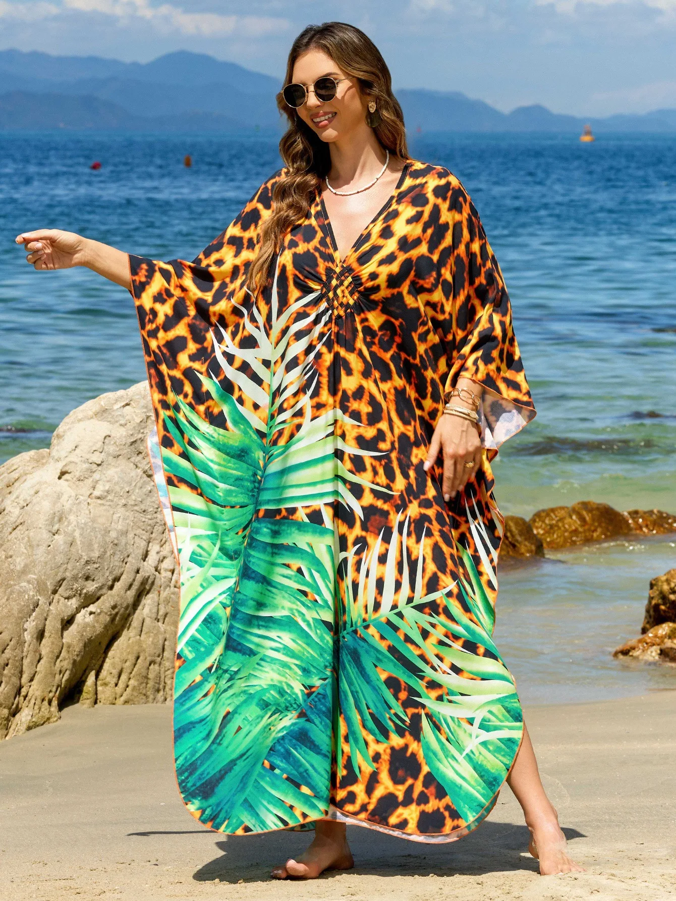 Beach Kaftans for Women Printed Cover Ups for Swimwear Plus Size V Neck Hand Woven Dresses Summer Holiday Outfits Dropshippig