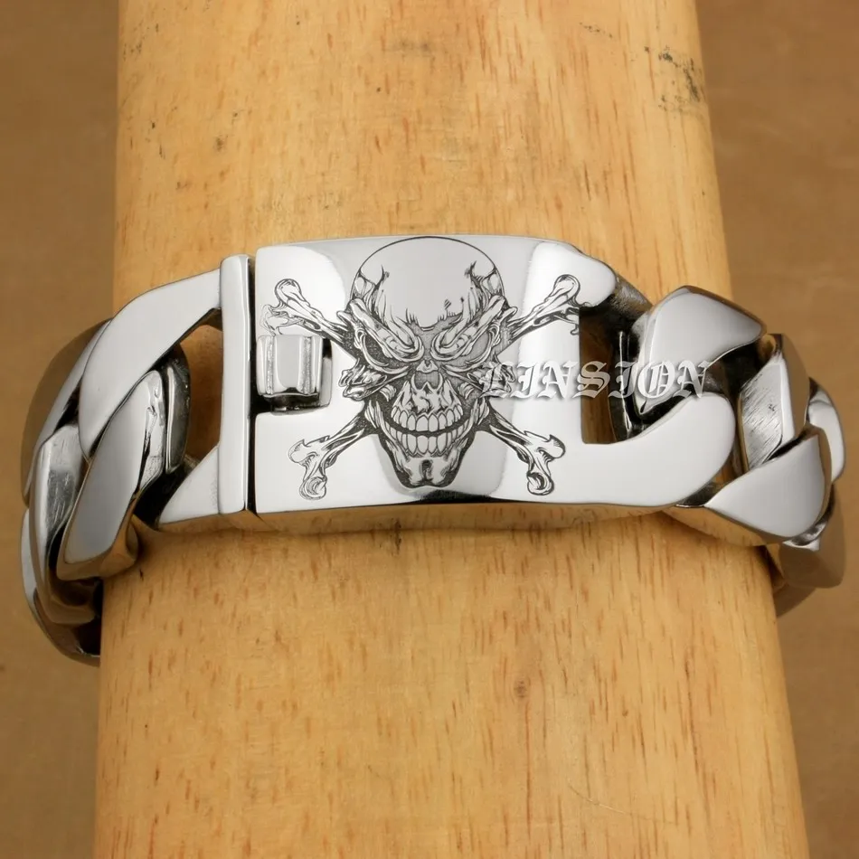 

Huge Heavy Stainless Steel Engraved Pirate Skull Bracelet Biker Rock Punk Curb Link Chain 5D101