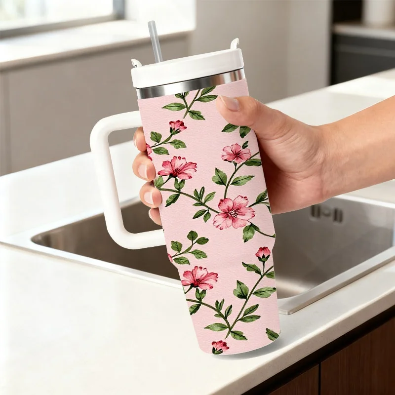 Stainless Steel 40oz Insulated Tumbler with Delicate Watercolor Pink Floral Digital Print, Reusable Cold & Hot Drink Cup, Ideal for Daily Commute, Office Use & Outdoor Carrying