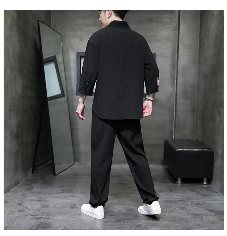 Spring Summer Thin Men Set Two Pieces Ice Silk V Neck Button Half Sleeve Tops Breathble Solid Color Pants Fashion Set - Image 6