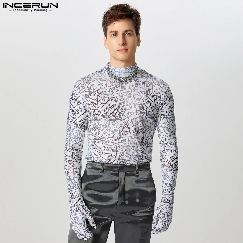 Handsome Stand Collar Tops INCERUN Men Well Fitting Letter Printing Camisetas Simple Long Sleeve See Through Knitted T-Shirts