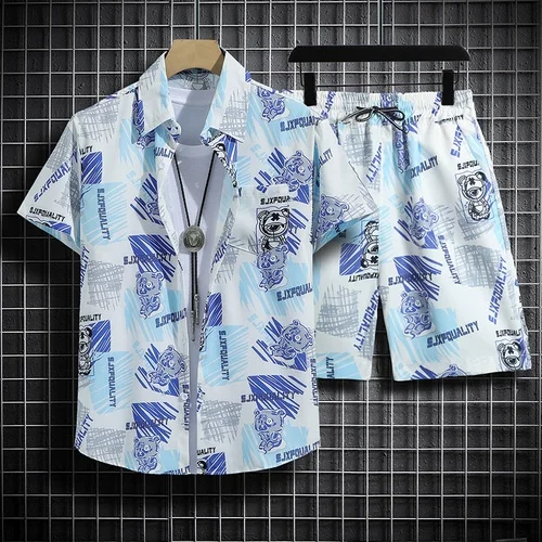 Hawaiian Beach Shirt Ensemble Men's Cartoon Short Sleeved Floral Shirt Tops Baggy Short-sleeved Combo For Hainan Travel Vacation