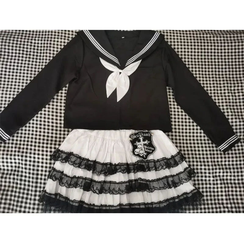 2024 neue y2k Jahrtausend Gewürz Mädchen Sommer japanische Harajuku Punk weißen Rock Spitze Design Skelett Kuchen Kleid