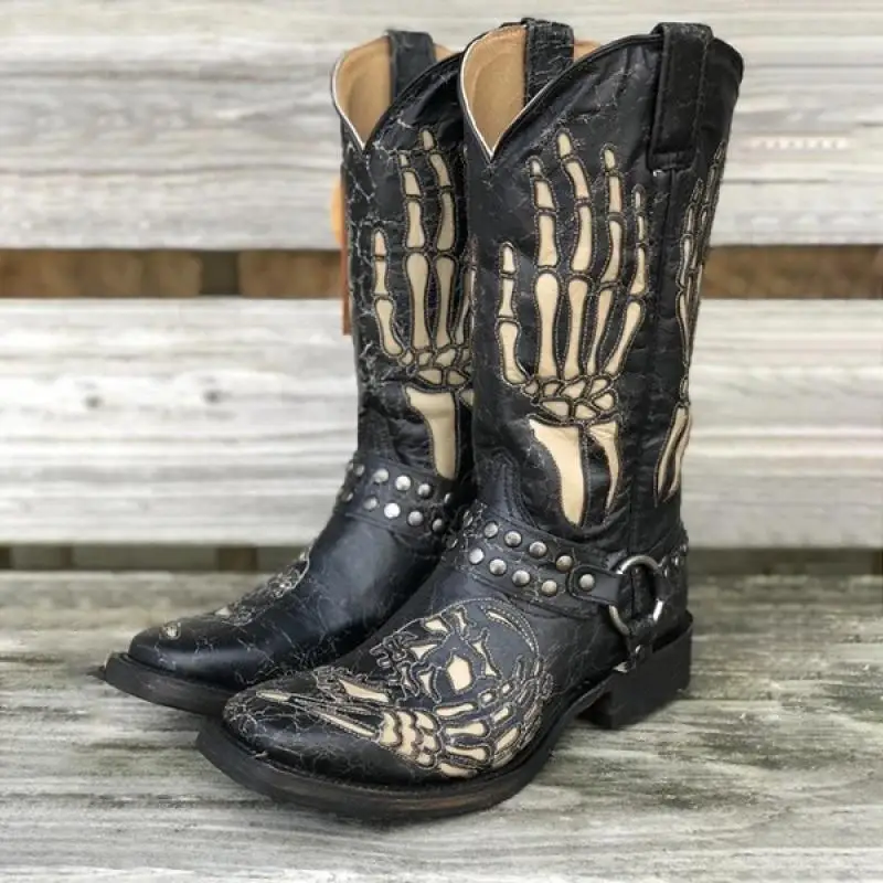 Totenkopfmuster Metallschnalle Ritterstiefel für Männer, Gothic Stil, Quadratische Zehenkappe, Gürtelschnalle, Schwarze Halbhohe Stiefel, Modisches Design, Schuhe mit Dicken Absätzen – Detail 2