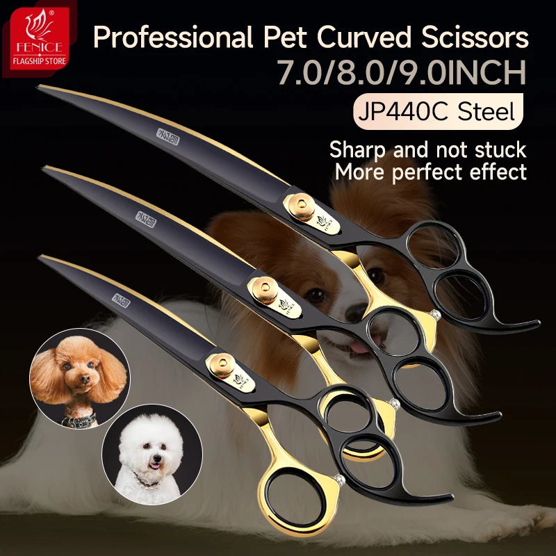 

Fenice JP440C 7/8/ 9 Inch Professional Pet Grooming Scissors 3 hole Handle Black Gold Curved Shears Scissors Grooming for Dogs