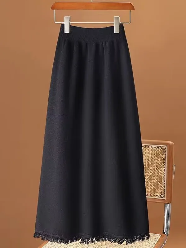 กระโปรงผ้าวูลสำหรับผู้หญิง ฤดูใบไม้ร่วง ฤดูหนาว กระโปรงทรงเอวสูง กระโปรงยาวปานกลาง กระโปรงผ้าถักแบบลำลอง ผ้าฝ้ายถัก ยืดหยุ่น 100%