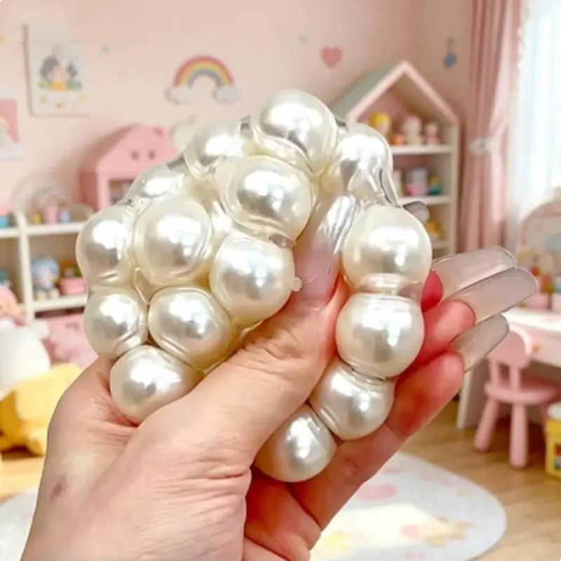 Grape Shaped Stress Squeeze Ball 1Pcs Handmade Noisy White Pearl Sensory Fidget Toy for Adults Rest Time Relax