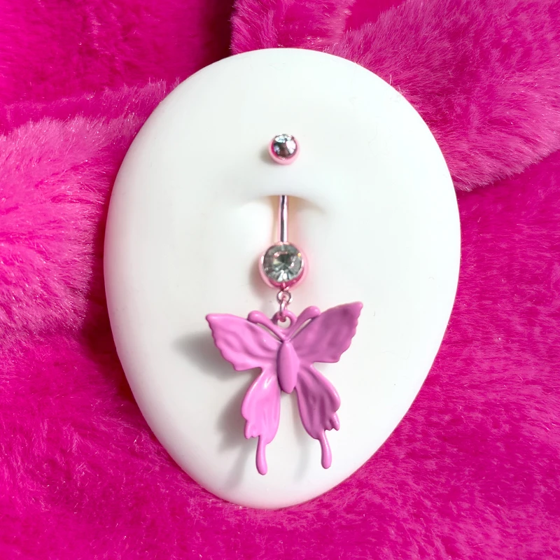 Y2K Pink Crystal Heart Belly Button Ring Stainless Steel Sexy Butterfly Navel Piercings Jewelry 2000s Aesthetic Body Accessories