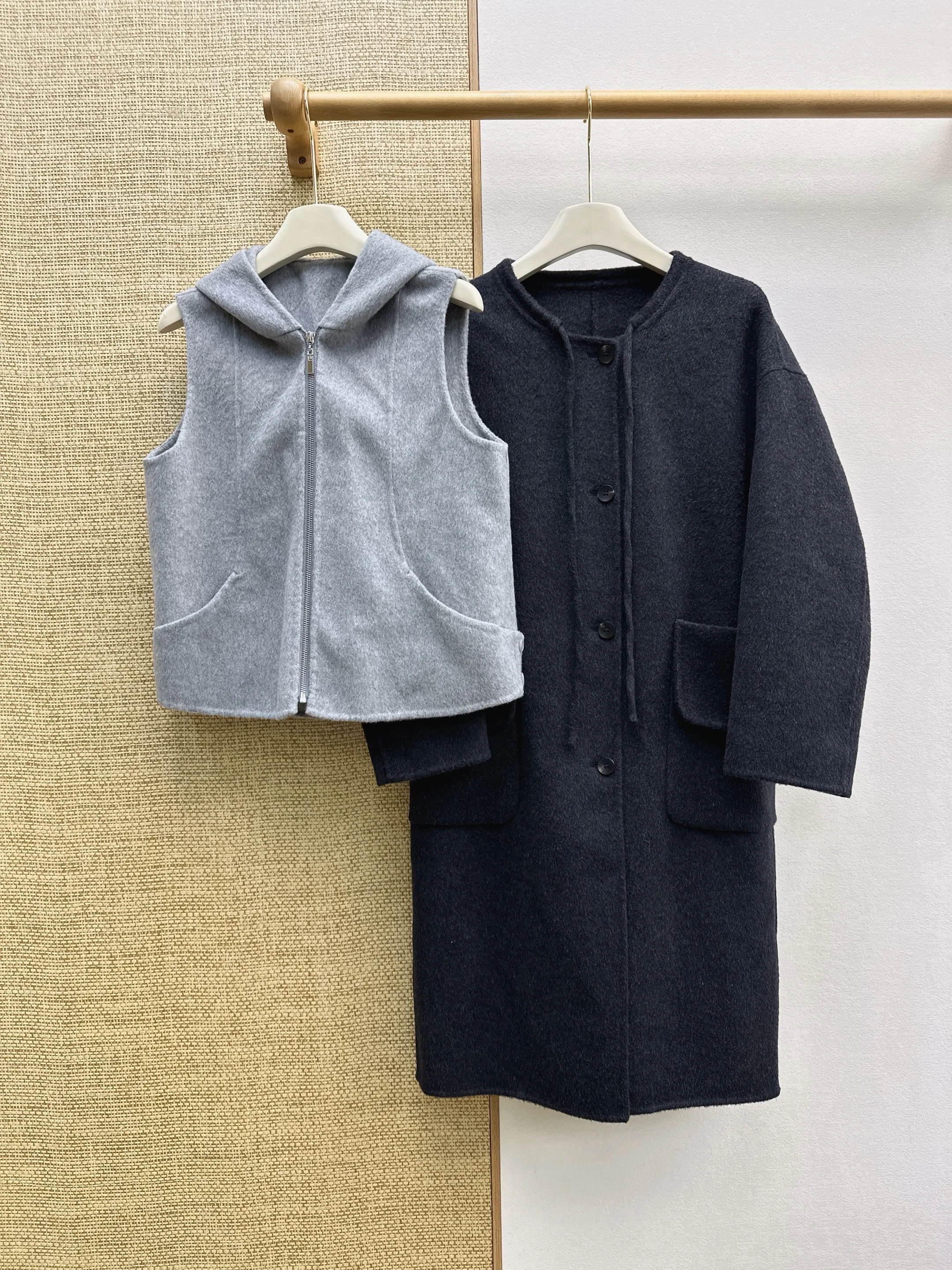 2026 Autumn Winter Multi‑way Wear Double‑face Wool Two‑Piece Coat, Loose Lazy Fit, Dark Coffee Hooded Vest, Contrast Color Korea