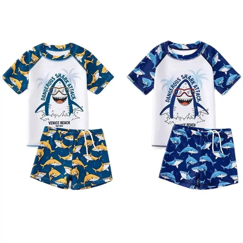 

Baby Boy Swim Suit Top+Shorts 2PCS Shark Carton Print Swimwear Short Sleeve Bathing Suit Summer Hot Springs Swim Clothes 3-14Y