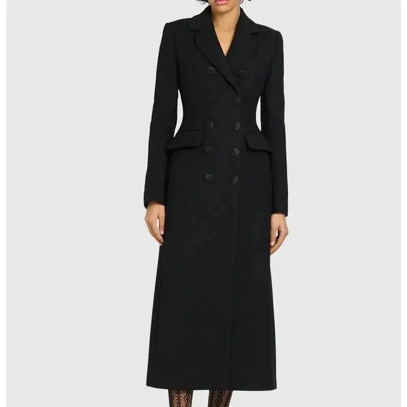 

Fashion Slim Long Sleeve Double Breasted Black Solid Women Autumn Trench Coat