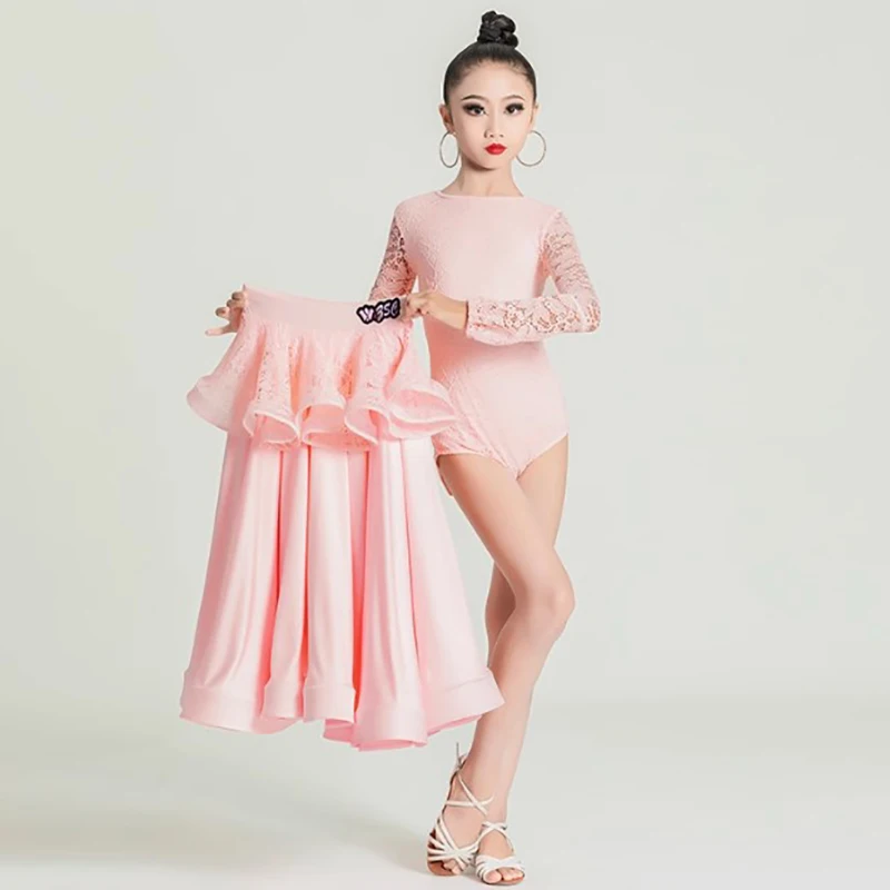 어린이 소녀 현대 무용 왈츠 댄스 레이스 바디 수트 및 빅 스윙 스커트, 대회 연습 공연 댄스웨어