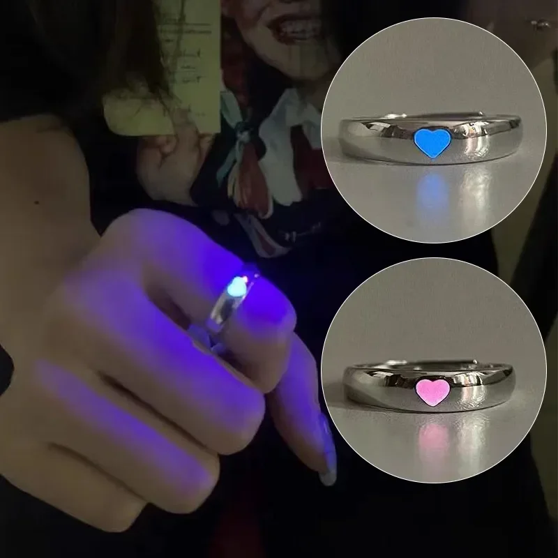 Glow In Dark Ring Luminous Blue Pink Light Love Heart Ring Couples Girls Silver Color Jewelry Adjustable Size New Fashion Rings