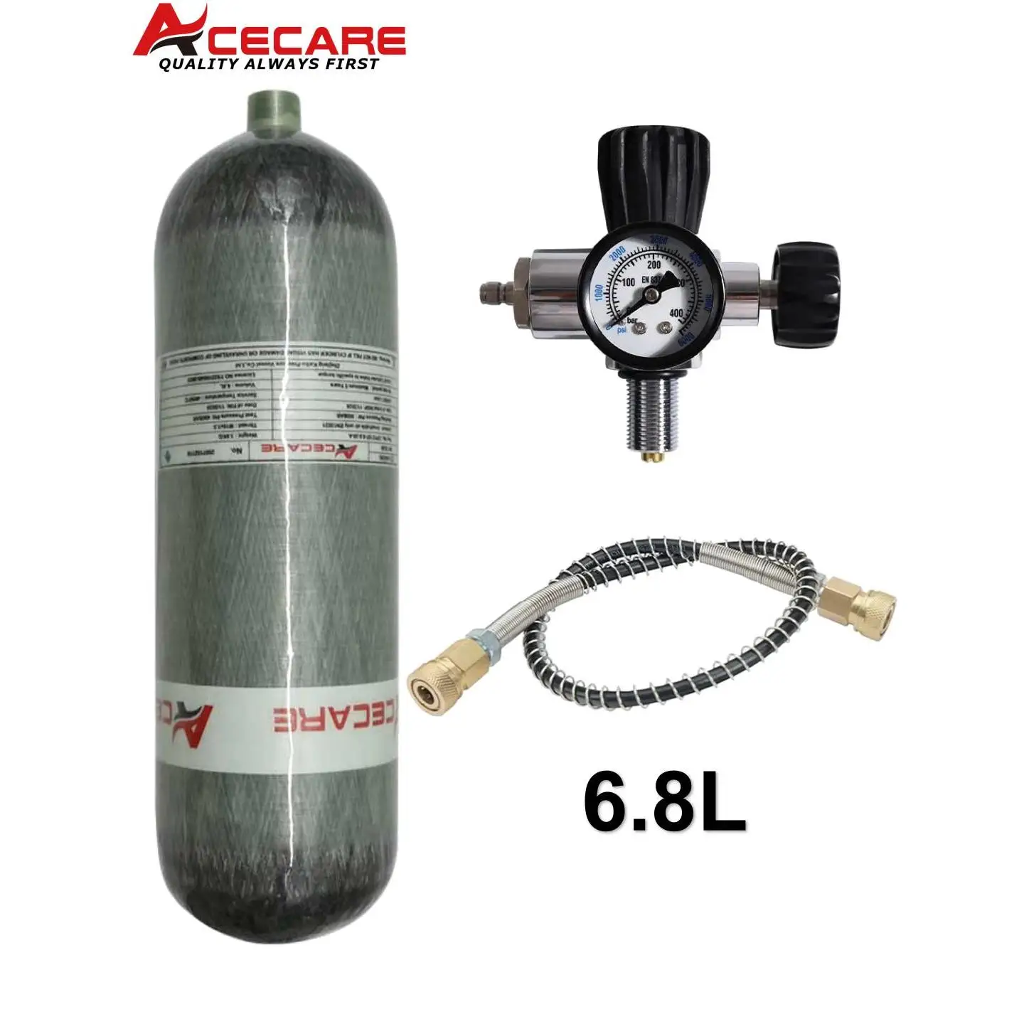 ACECARE Fibra De Carbono Cilindro HPA Tanque, Mergulho Garrafa Fill Station Valve, Carregamento Válvula Reguladora, M18 * 1.5, 4500Psi, 300Bar, 6.8L