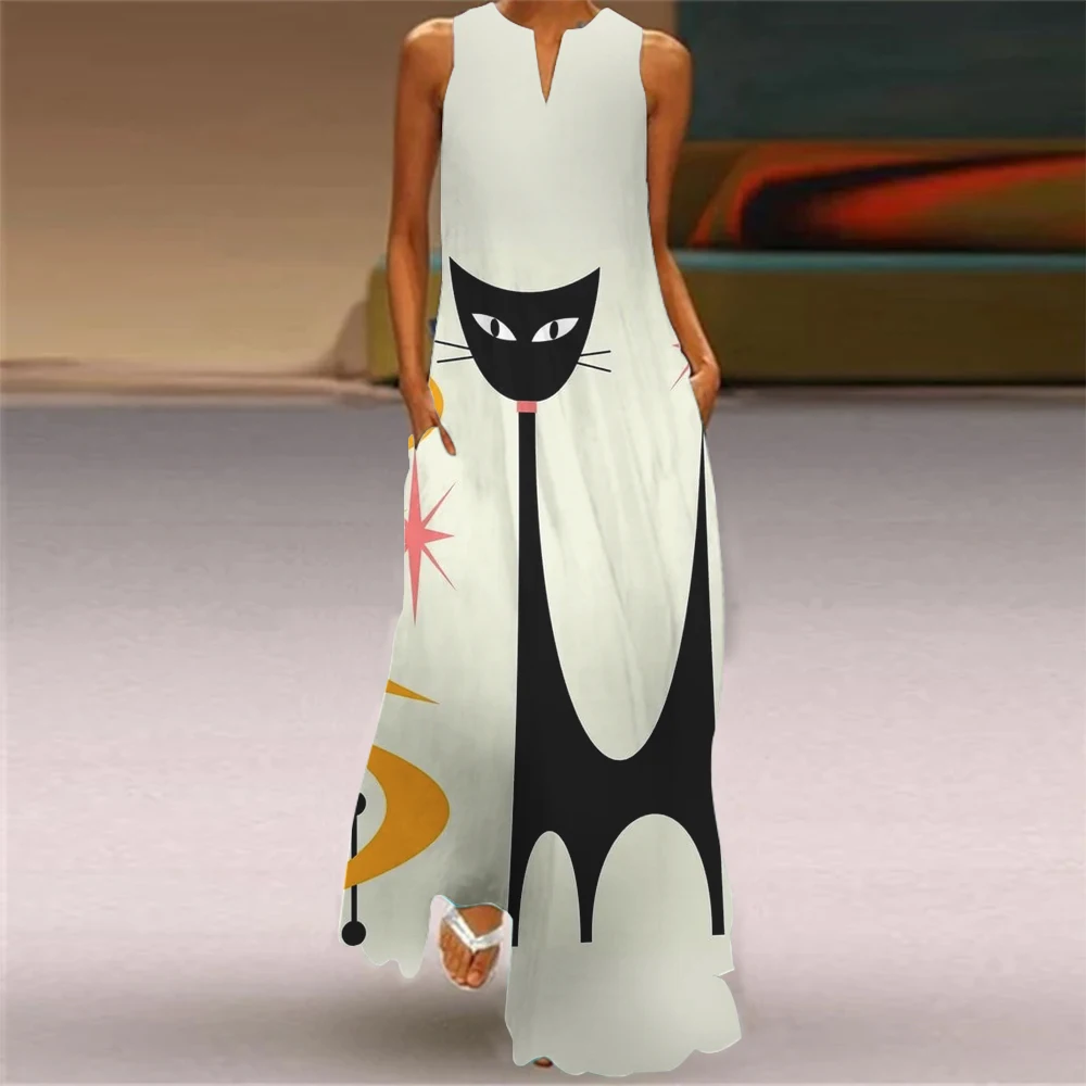 2024 abstract cat print fashion sexy hollow V-neck dress casual vacation knee-length dress party dinner ankle-length dress