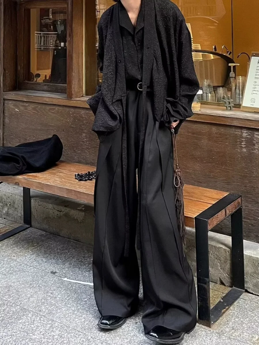 سراويل واسعة الساق على الطراز الصيني القديم للرجال والنساء بطول الأرض تصميم متداخل سراويل غير رسمية موضة الشباب