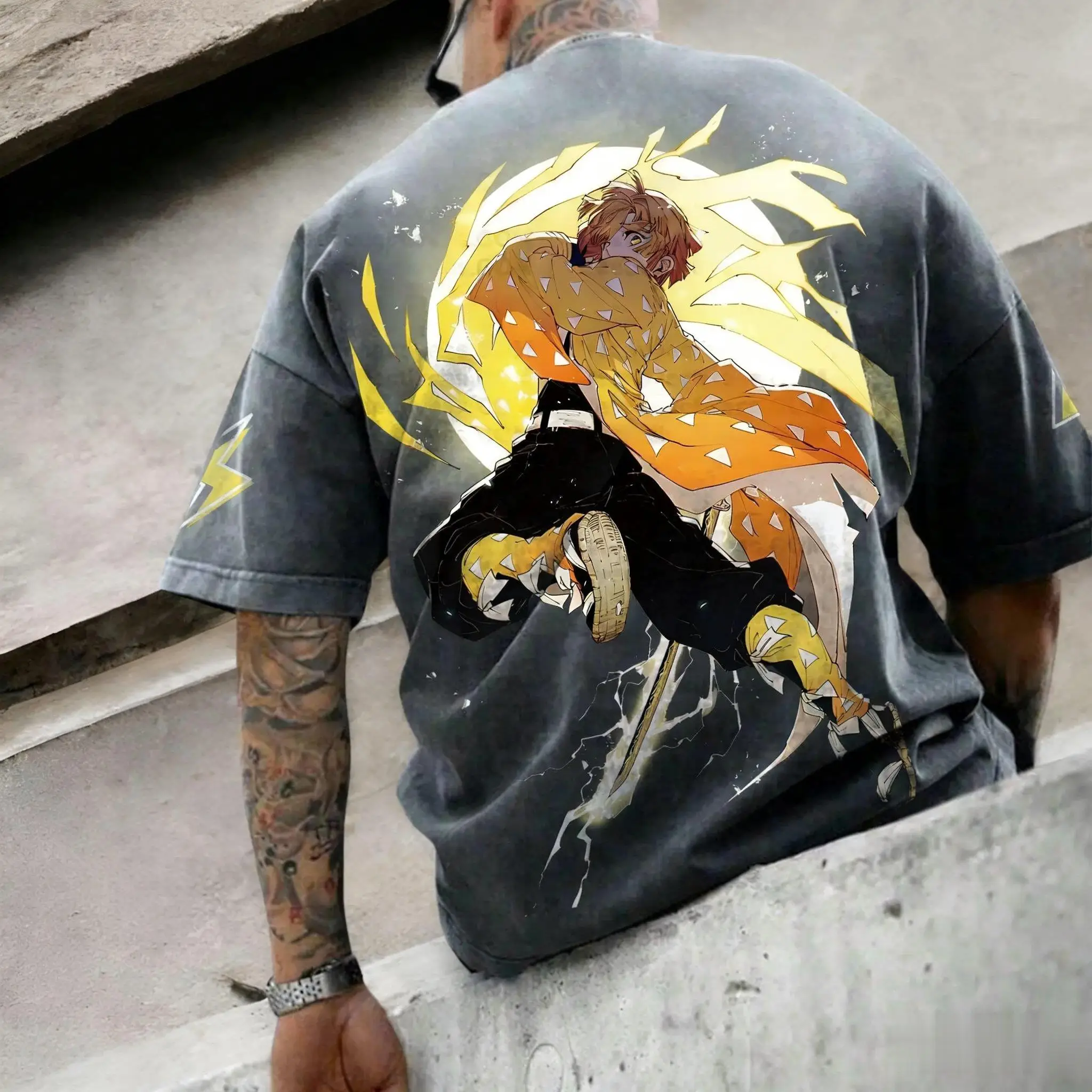 Anime vintage lavado t camisa masculina demon slayer impressão feminina algodão manga curta camiseta streetwear casual topos 2025 verão ​ Harajuku