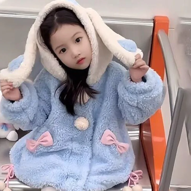 

Пальто с капюшоном Sanrio Hello Kitty Cinnamoroll, толстое плюшевое теплое пальто для маленьких девочек, осень-зима 2026, новая модная стильная верхняя одежда