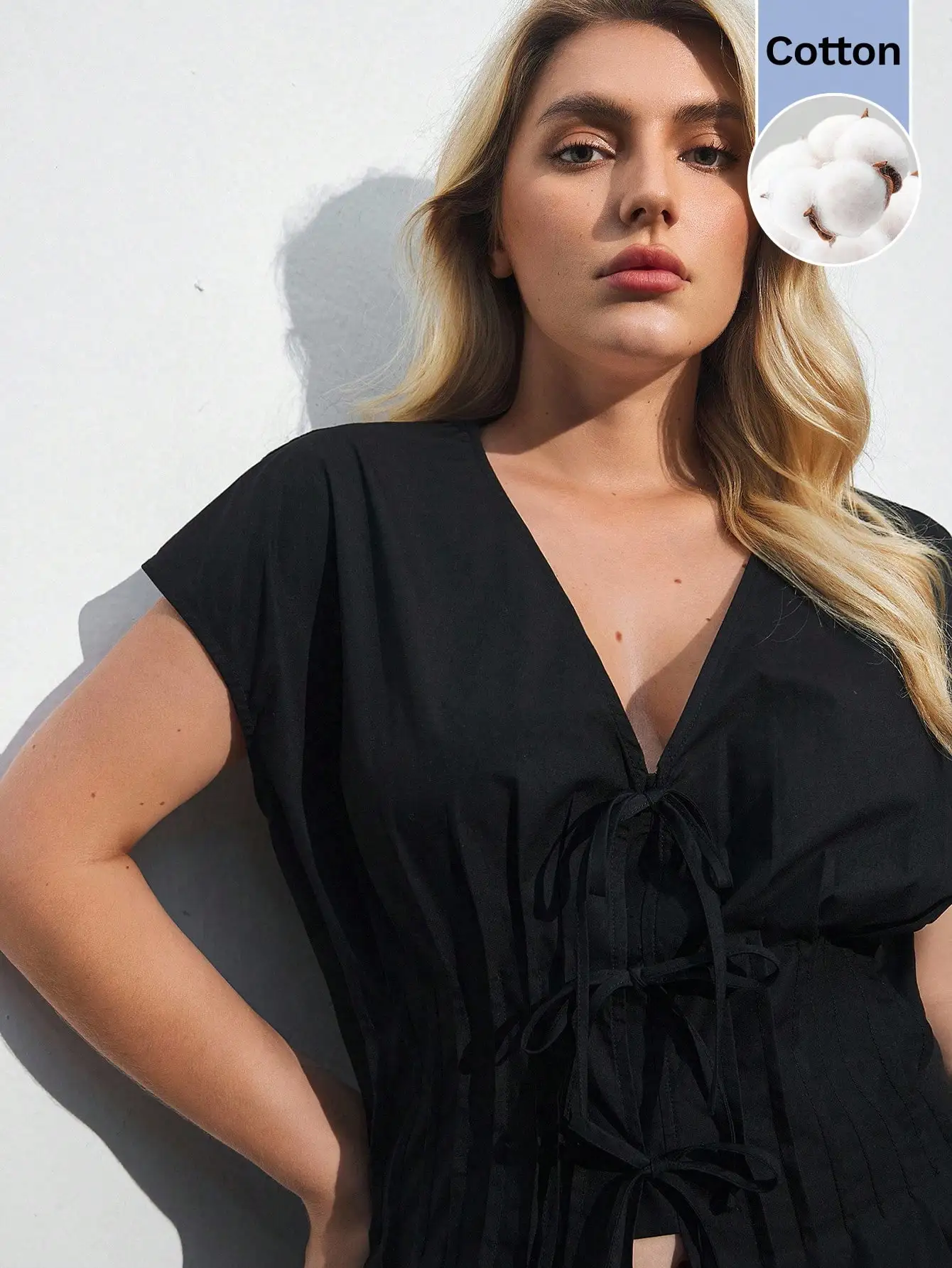 

Черная блузка больших размеров с V-образным вырезом, короткими рукавами и бантом на талии, повседневный топ