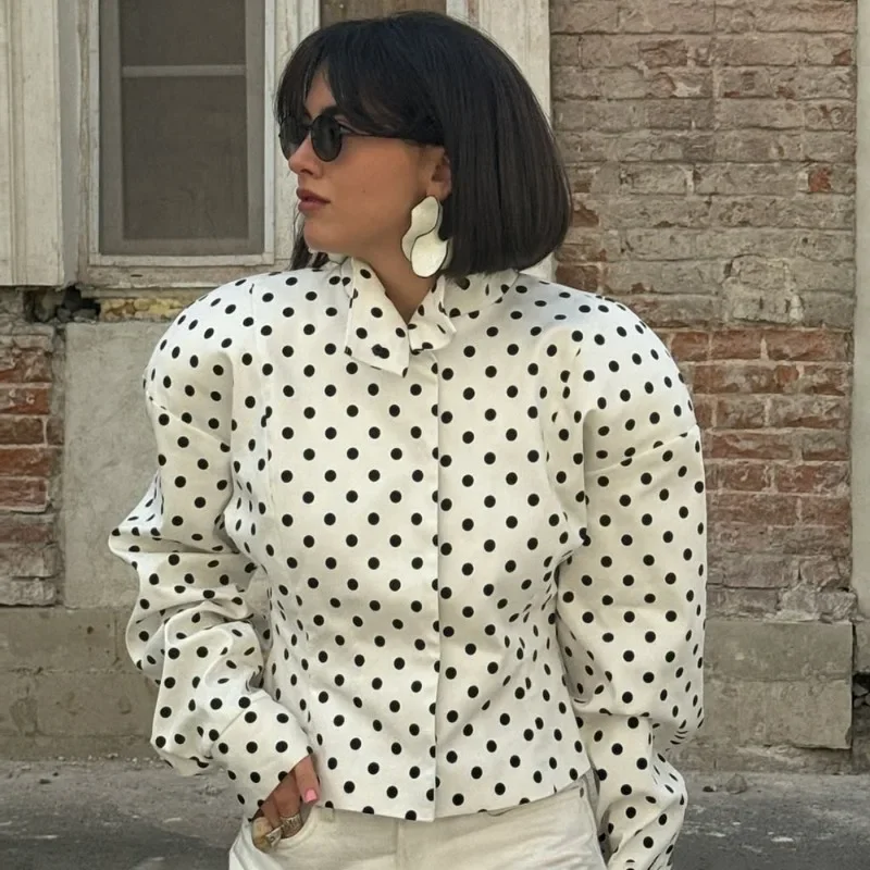 Talenza White Polka Dot Jacket Fashion Contrast Long Sleeve Loose Casual Jacket Tops Elegant Office Lady Women's Tailored Coat