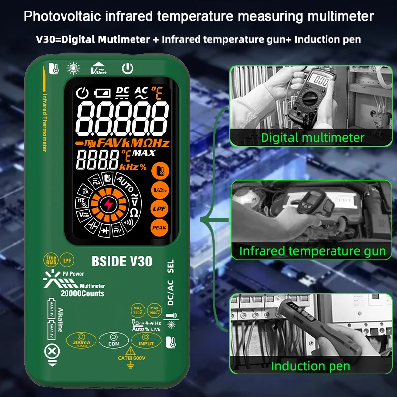 BSIDE nuevo multímetro Digital 20000 recuentos probador de temperatura infrarrojo inteligente T-RMS 1500V CC voltaje CA recargable Multiteter DMM