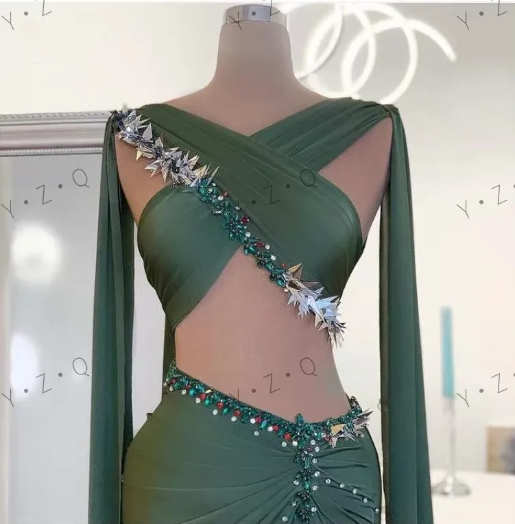 Verde oliva vestido de baile cristais 2 peças sexy plissado vestidos de festa em camadas manga cheia vestido formal frisado criss cross