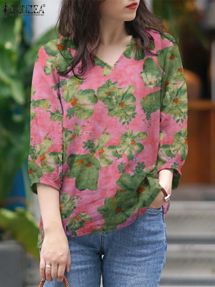 ZANZEA Bohemain Casual Blouses Summer Tops Elegant Work Shirt Women Fashion Floral Printed Blouse V Neck 3/4 Sleeve Blusas Femme