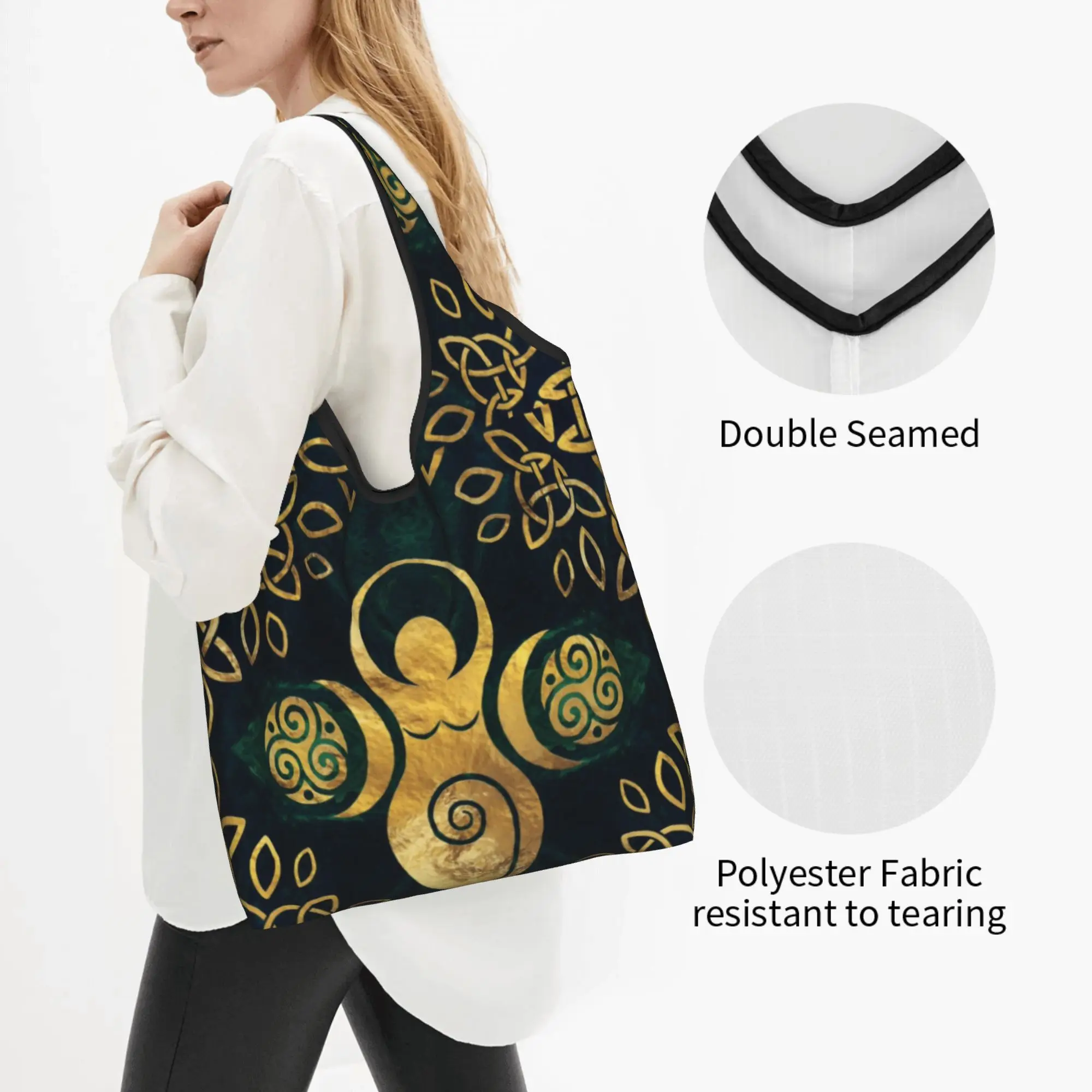 Fashion Print Gold Triple Goddess With Triskele Shopping Tote Bags Portable Shopper Shoulder Pagan Wiccan Handbag