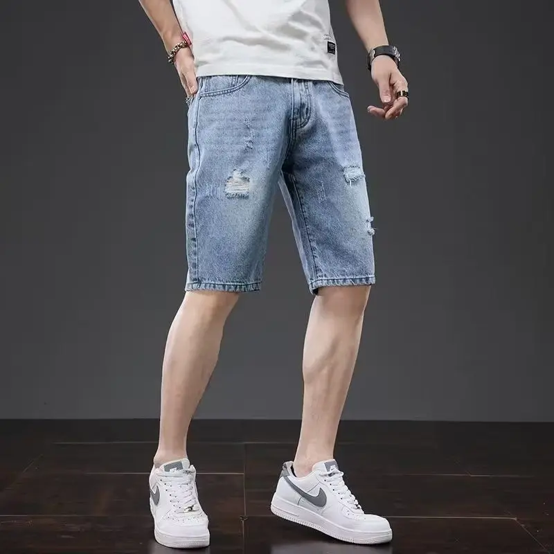 

Korean Popular Clothes Short Pants 2026 Summer Ripped Denim Shorts Men's Straight-leg Medium Ligh Blue Loose Half Beach Pants