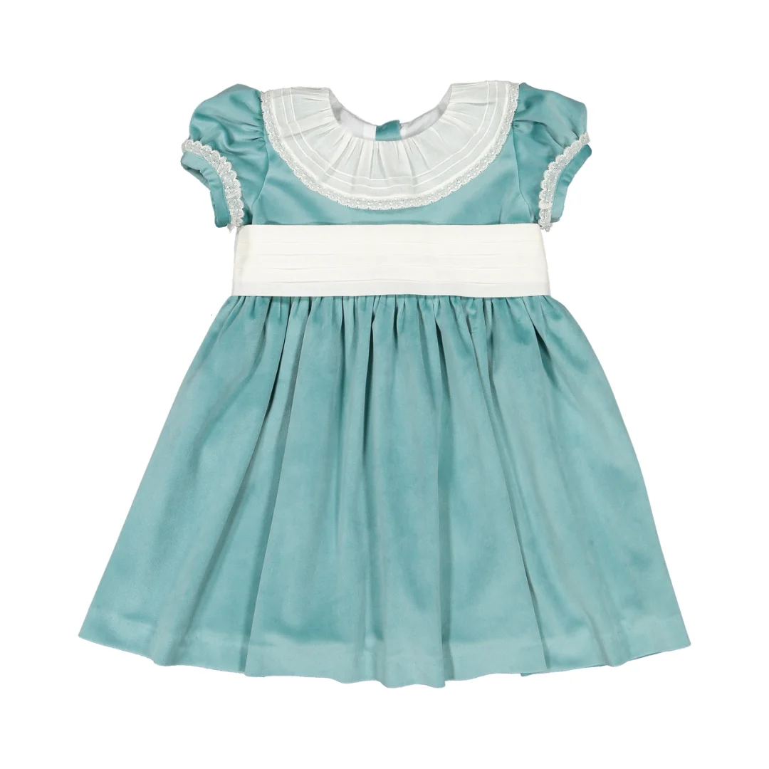 Spanish Velvet Luxury Brand Kids Girls Short Sleeves Dress White Lace Baby Girl Boutique Dresses For Holiday Party Pageant 1-7Y